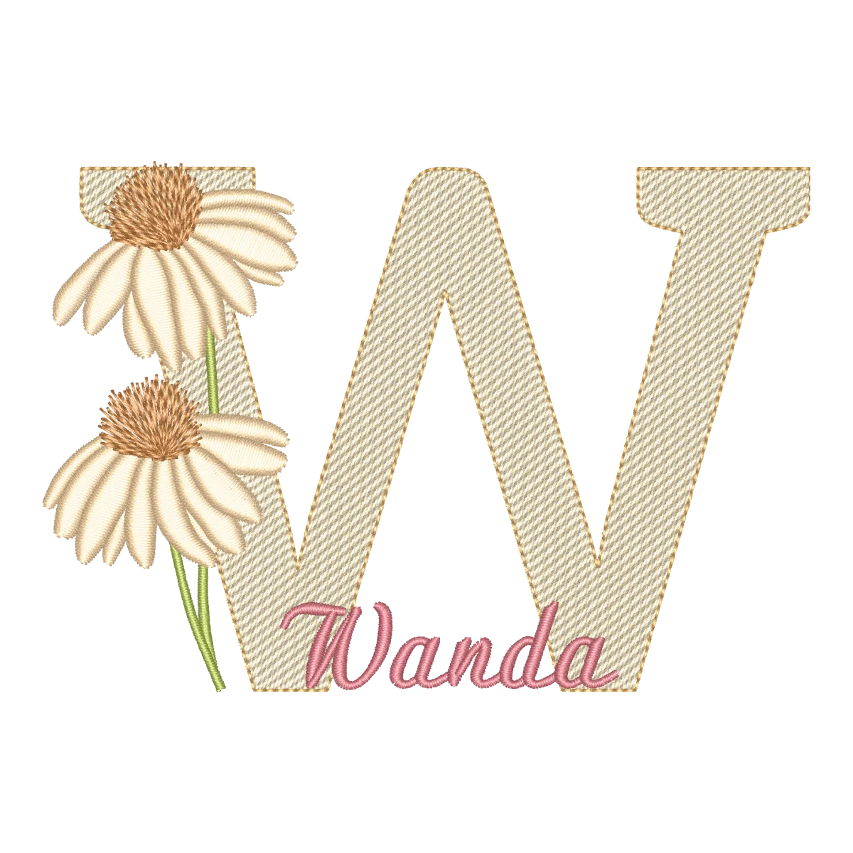 Matriz de Bordado Letra W Floral Margarida Nome Wanda - Pontos Leves