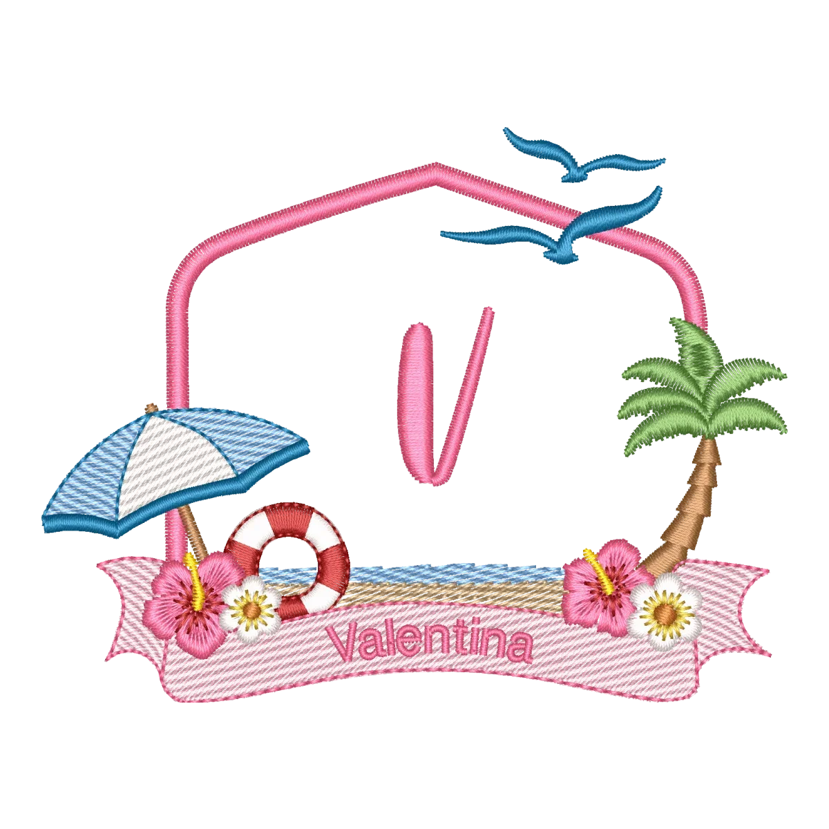 Matriz de Bordado Monograma V Tropical Chic - Alfabeto Praia