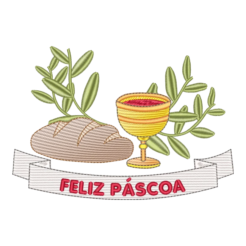 Matriz de Bordado Feliz Páscoa: Cálice, Pão e Ramos de Oliveira