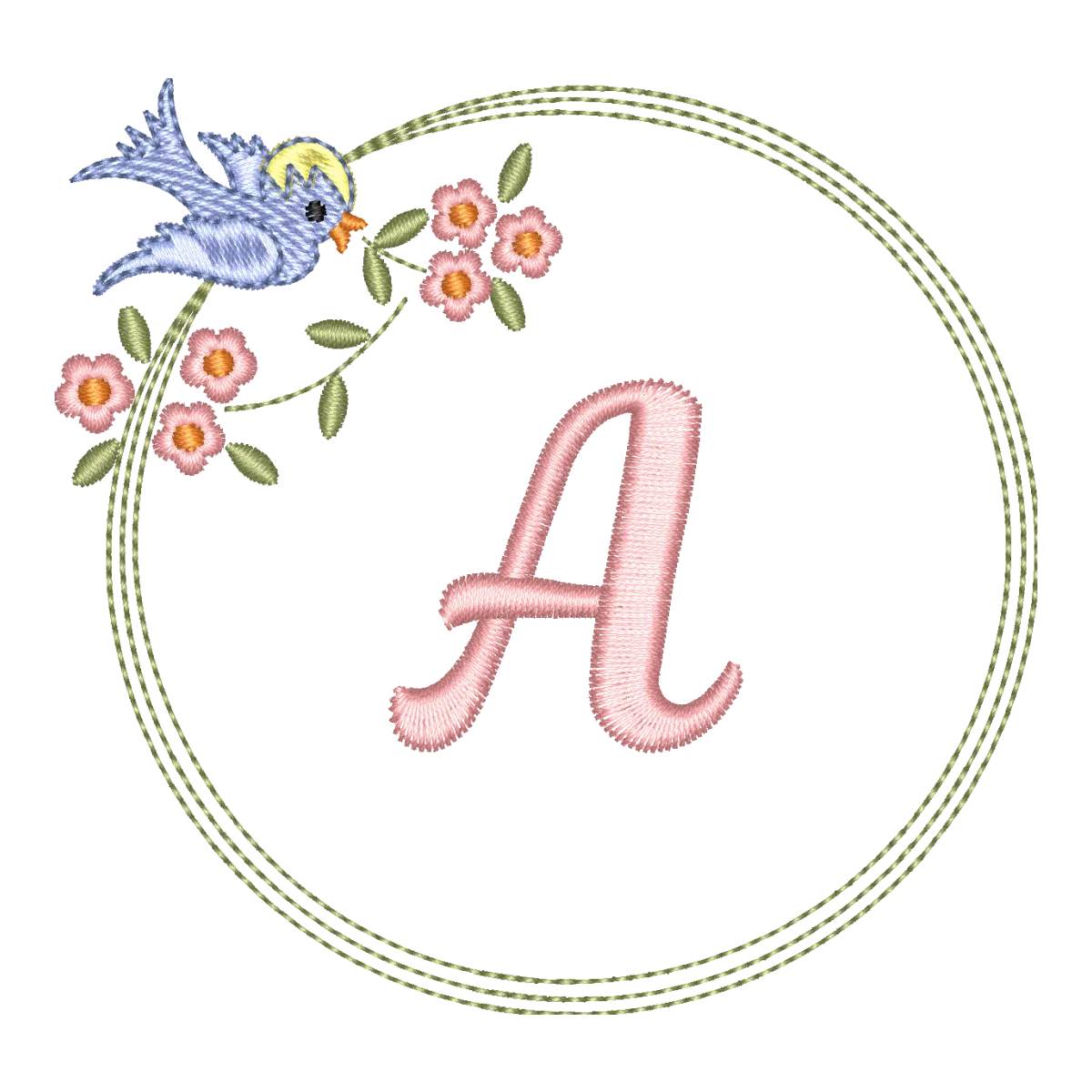 Matriz de Bordado Moldura Floral com Pássaro e Letra Editável - Pontos & Formas