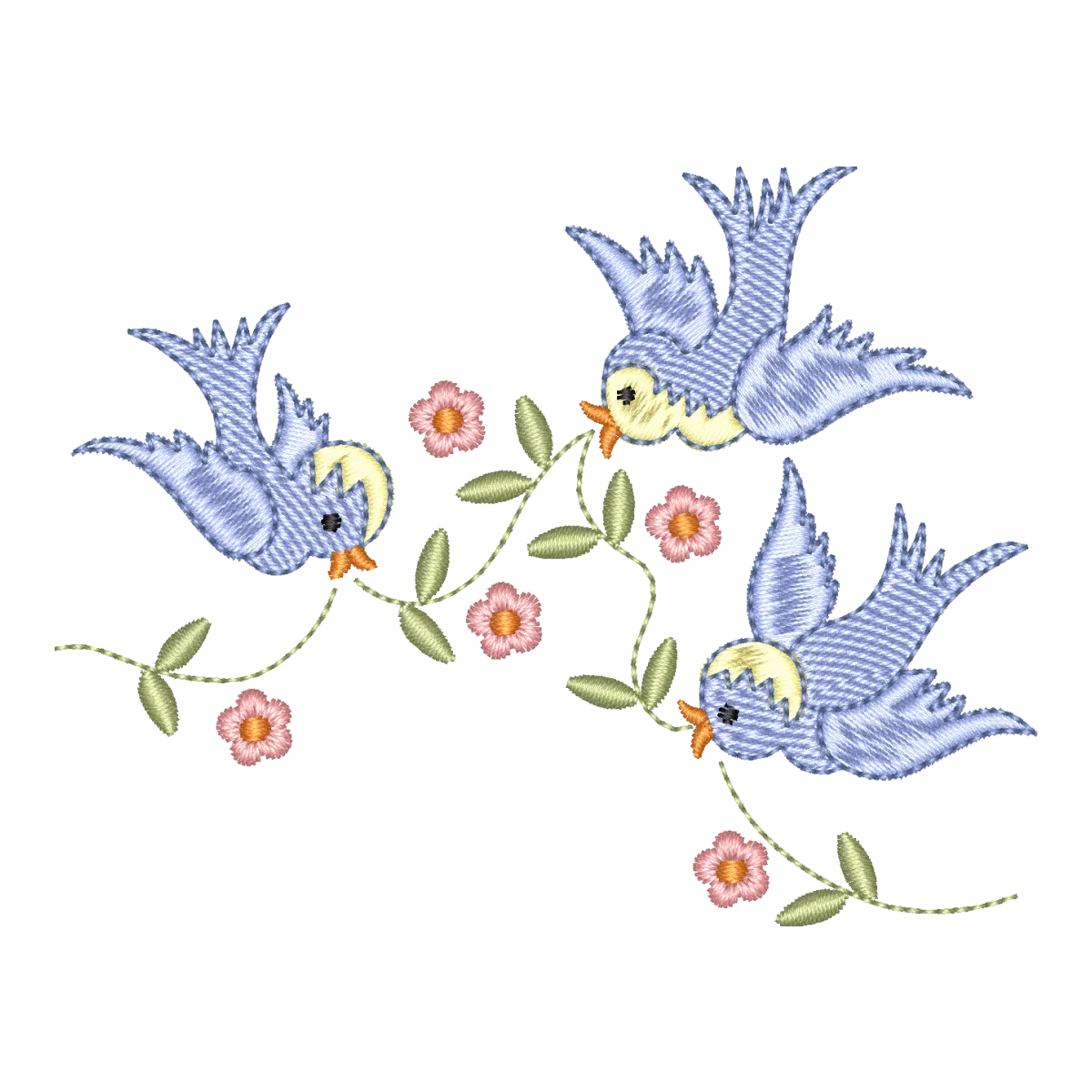 Matriz de Bordado Trio Pássaros com Flores | Encanto Floral Pontos & Formas