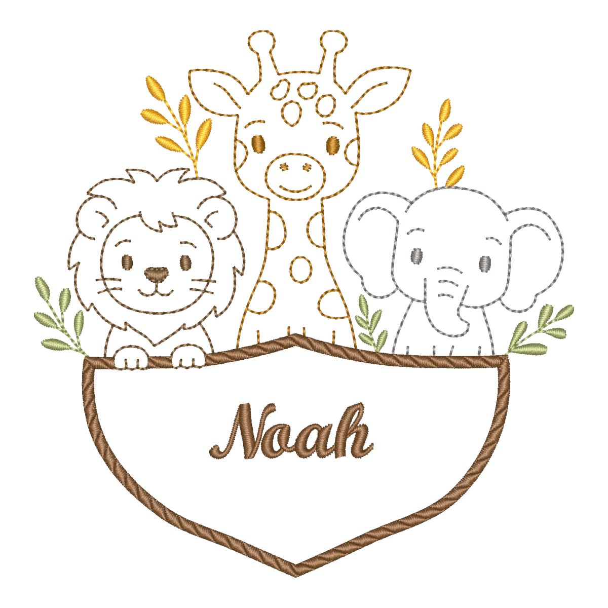 Matriz de Bordado Safari Baby com Placa para Nome - Coleção Animais Contorno